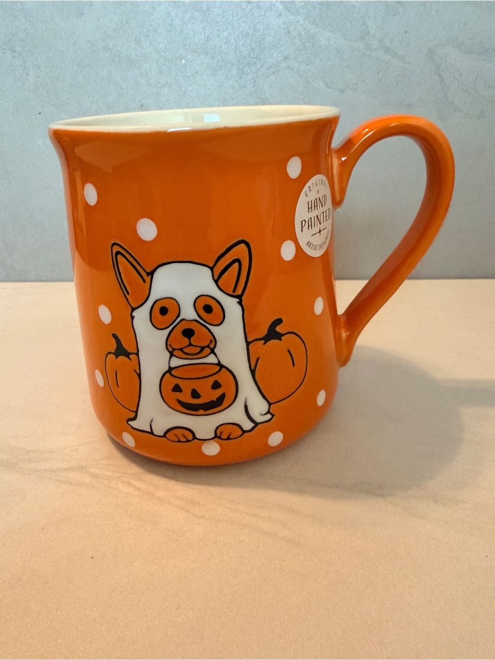Halloween Coffee Mug Eli And Ana Hand painted Tricky Treat Corgi Orange & White
